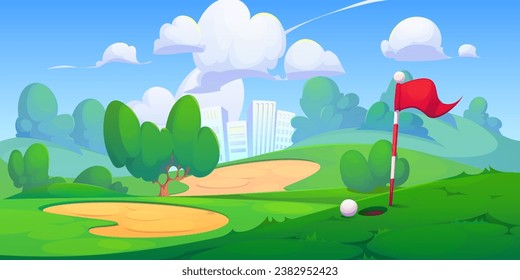 Cartoon golf field in city park with hole, pin flag, and ball. Vector summer town landscape with golfcourse on hills with green grass and sand areas over multistorey buildings and clouds in sky.