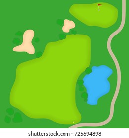 Cartoon golf field. Top view of grass cort. Vector golf course illustration.