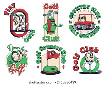 Cartoon Golf mascot print templates. Golf club emblems with ball, bag, cart and hole with flag stickers vector set of golf cartoon play, logo sport tournament illustration