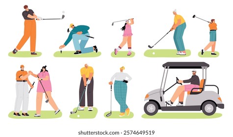 Cartoon golf players characters. People in various poses, children and adults hold clubs, hit ball in fields, rolling into hole, vector set