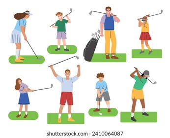 Jugadores de golf de dibujos animados. Juego deportivo con campos de bola, palo y verde, gente jugando, padres e hijos en diferentes poses, vector set.eps
