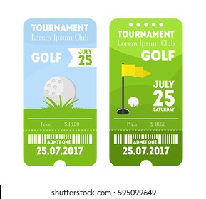 Cartoon Golf Sport Ticket Set Flat Design Style. Vertical Invitation for Events Vector illustration