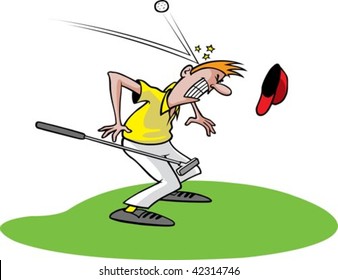 A Cartoon Golfer Getting Hit In The Head With A Ball. Golfer, Grass And Ball Are On Separate Layers.