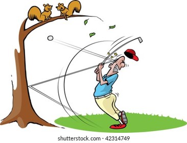 A cartoon golfer getting hit in the head with a ball. Golfer, grass,tree and ball are on separate layers.