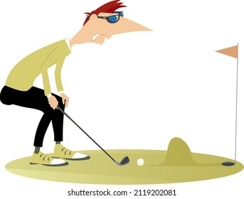 Cartoon golfer man and problem kick on the golf course illustration.
Knoll on the golf course disturbs golfer to do a good kick
