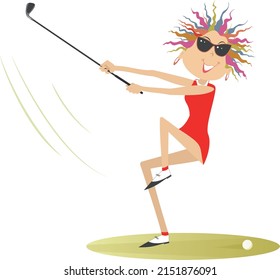 Cartoon Golfer Frau auf der Golfplatz-Illustration. Die sonnige Golfer in Sonnenbrille mit einem Golfclub versucht einen guten Tritt einzeln auf weißem Hintergrund zu machen