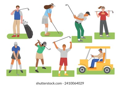 Cartoon golfers in poses. People with clubs trying to score balls in holes, champion golf club, happy players on green fields, vector set.eps
