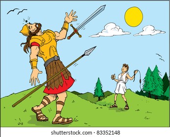 Cartoon Of Goliath Defeated By David. Bible Story