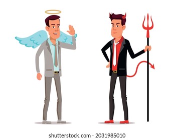 Cartoon good and bad guy. Angel and demon cartoon businessman character