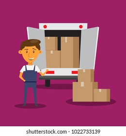 Cartoon good man worker in uniform. Relocation move. Transport company. Character design. Can be used business shipping service. Boxes with thing. Vector illustration. EPS10.