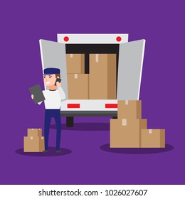 Cartoon good man worker in uniform. Relocation move. Transport company. Character design. Can be used business shipping service. Boxes with thing.