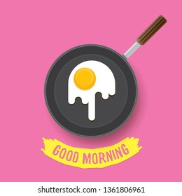 Cartoon good morning concept. vector top view pink table with breakfast chicken egg in a frying pan