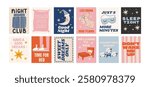 Cartoon good night posters. Cozy pajamas, bed, pillows, moon, bedtime. Trendy night illustrations in doodle retro style. Banners for wall and gift cards