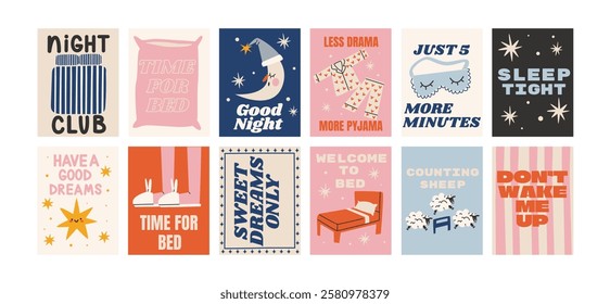 Cartoon good night posters. Cozy pajamas, bed, pillows, moon, bedtime. Trendy night illustrations in doodle retro style. Banners for wall and gift cards