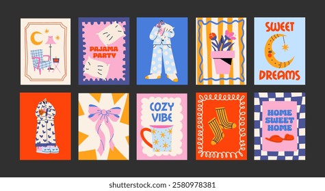 Cartoon good night posters. Cozy pajamas, bed, pillows, moon, bedtime. Trendy night illustrations in doodle retro style. Banners for wall and gift cards