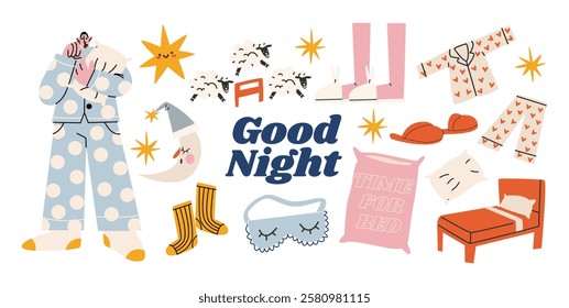 Cartoon good night stickers. Character in pajamas, cozy bed, pillows, moon, bedtime. Trendy night illustrations in doodle retro style. Trendy tags, patches, labels