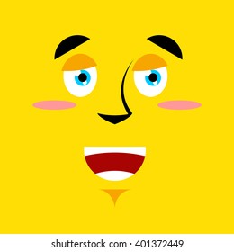 Cartoon good smiling face on yellow background. Joy emotion. Optimistic person with big smile. Cheerful Holiday character