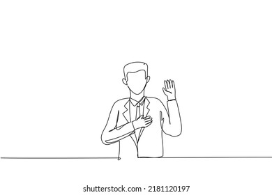 Cartoon of good-looking asian worker making promise, pledge give oath, raise one hand and put palm on hear as being honest and sincere. Single continuous line art style
