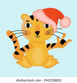 Cartoon good-natured tiger cub symbol of 2022. A cute character in a New Year's hat and scarf shows that everything is cool. Vector.Design for clothing, print, childrens illustrations, internet.