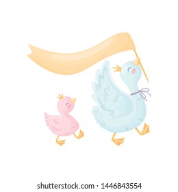 Cartoon goose carries an orange flag. Vector illustration on white background.