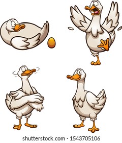 Cartoon goose with golden egg with different poses and emotions. Vector clip art illustration with simple gradients. Some elements on separate layers. 
