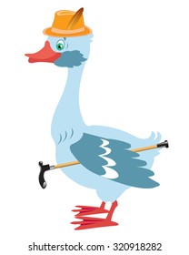 Cartoon goose in hat with walking stick on white background