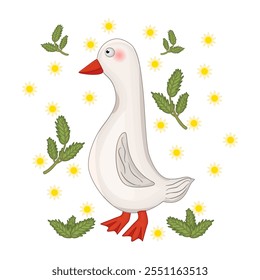 Cartoon goose isolated on white background. Duck with leaf and flowers. Farm bird on Happy Easter style. Farmyard or barnyard animal for posters, book or education. Stock vector illustration