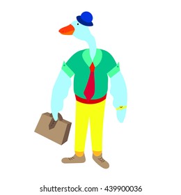 Cartoon goose man in a hat, a shirt, a tie, a briefcase and a clock. Character Business goose going to work, Isolated on white background. Vector illustration EPS 10.
