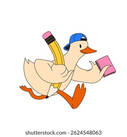 Cartoon Goose Running with Pencil and Notepad. Ready for School