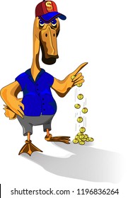 a cartoon goose spends money