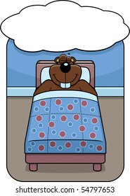 A cartoon gopher in bed dreaming and smiling.