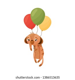 Cartoon gopher flies on balloons. Vector illustration on white background.