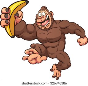 Cartoon Gorilla With Banana. Vector Clip Art Illustration With Simple Gradients. All In A Single Layer. 