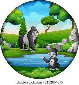 Cartoon gorilla with cubs in round frame