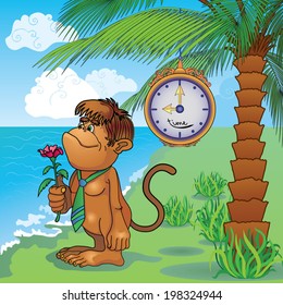 Cartoon gorilla with a flower in her hand goodbye to expect under the clock and a palm tree on the beach.