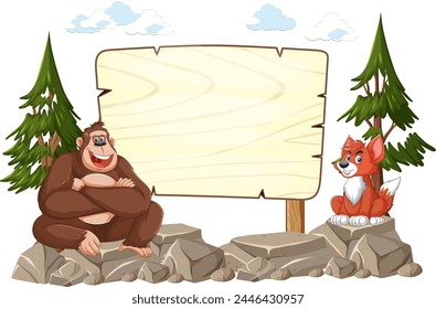 Cartoon gorilla and fox beside a wooden sign.
