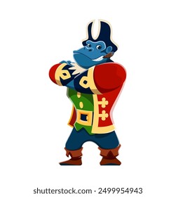 Cartoon gorilla monkey animal pirate or corsair character. Isolated vector ape dressed as a nautical rover, with a colorful outfit and a menacing stance, ready to embark on a plundering sea voyage