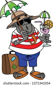 Cartoon gorilla on vacation drinking cocktail vector illustration