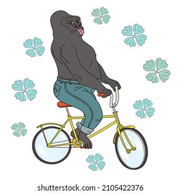 Cartoon Gorilla Riding A Bike Having Fun, illustration vector