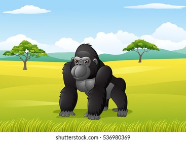 Cartoon gorilla in the savanna landscape