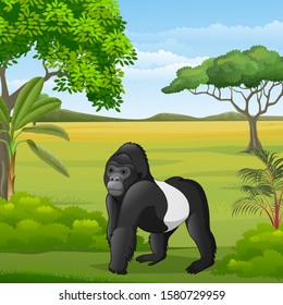 Cartoon gorilla in the savannah