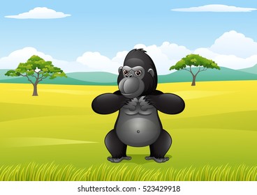 Cartoon gorilla in the savannah landscape