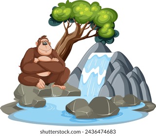 Gorila de dibujos animados sentado junto a una cascada y rocas.