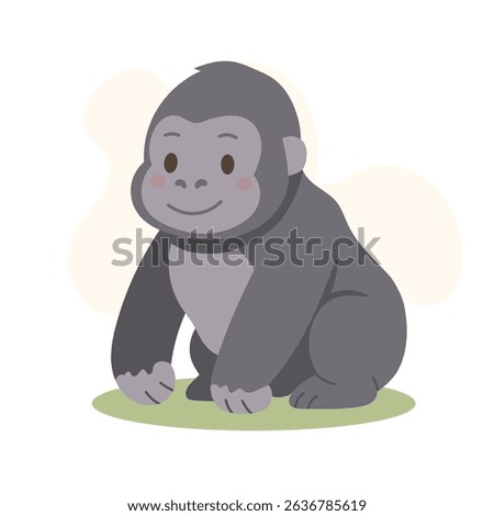 Cartoon gorilla sitting on grass with calm smile, rounded shapes and gray tones create a charming and gentle jungle gorilla character ideal for educational and playful projects.