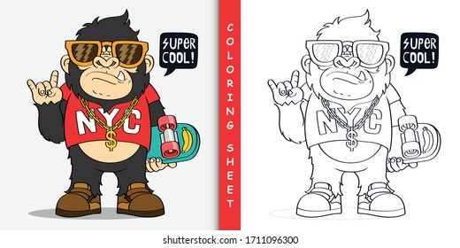 Cartoon Gorilla With Skateboard, Coloring Sheet For Stay Home Activity
