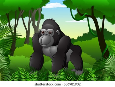 Cartoon gorilla in the thick rain forest