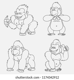 Cartoon Gorilla thin lines collection isolated on white background