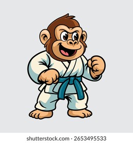Cartoon gorilla wearing a blue belt karate uniform, confidently posing in a ready-to-fight martial arts stance
