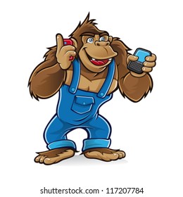 Cartoon gorilla wearing a mechanic was talking by cell phone with one hand and the other was writing a message