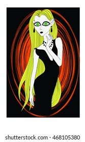 Cartoon goth girl with big green eyes and long blonde hair - Gothic Illustration